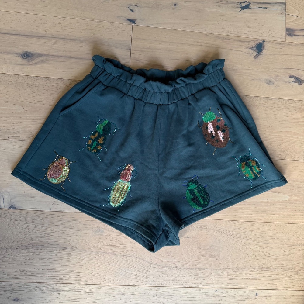 Queen of Sparkles Green Sequin Beetle Sweat Shorts Size Medium